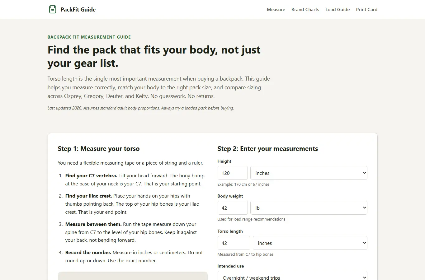 Screenshot of Backpack Fit Measurement Guide interface showing the project page in use
